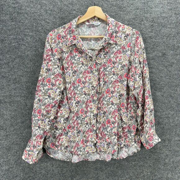 Big Dart Tops - Big Dart Shirt Women 16 Gray Floral Button Up Collared Long Sleeve Casual